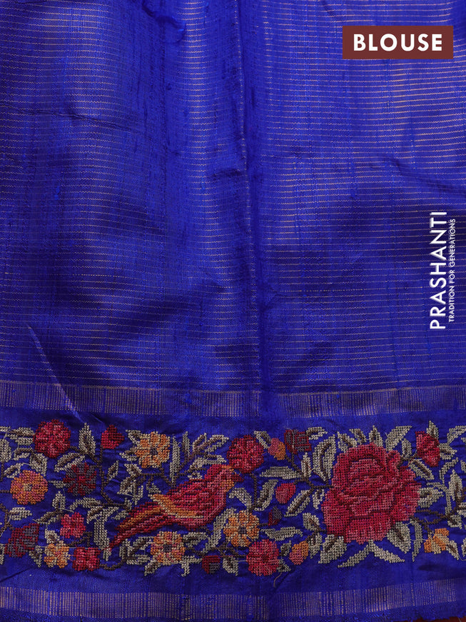 Pure dupion silk saree pink and blue with allover zari stripe pattern and temple zari woven floral embroidery work border