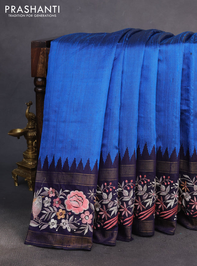 Pure dupion silk saree cs blue and dark blue with plain body and temple design parsi work border