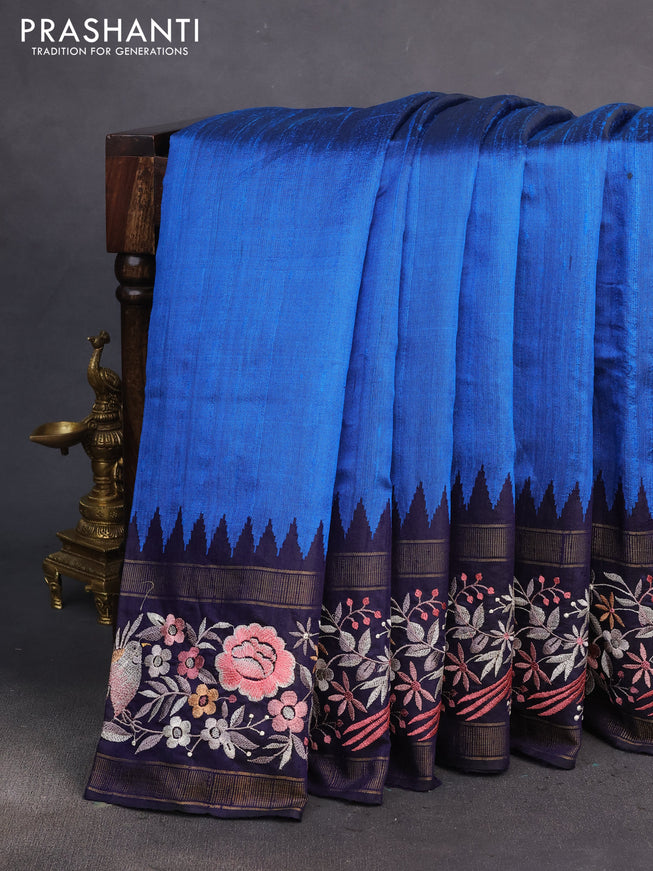 Pure dupion silk saree cs blue and dark blue with plain body and temple design parsi work border