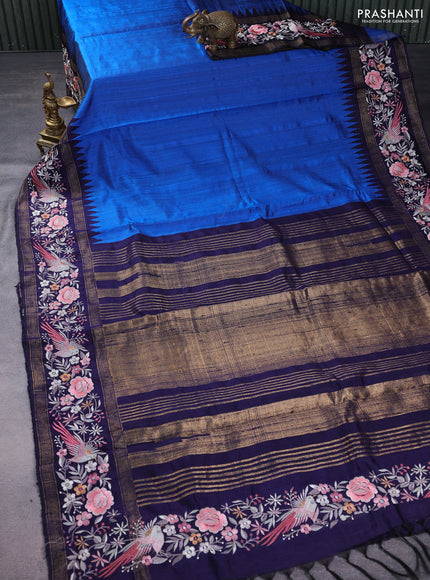 Pure dupion silk saree cs blue and dark blue with plain body and temple design parsi work border