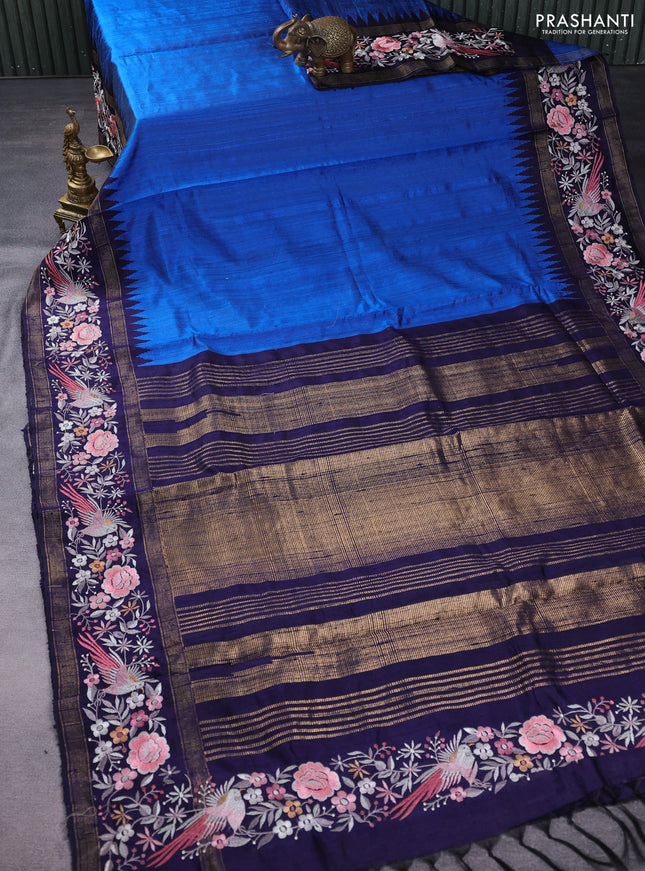Pure dupion silk saree cs blue and dark blue with plain body and temple design parsi work border