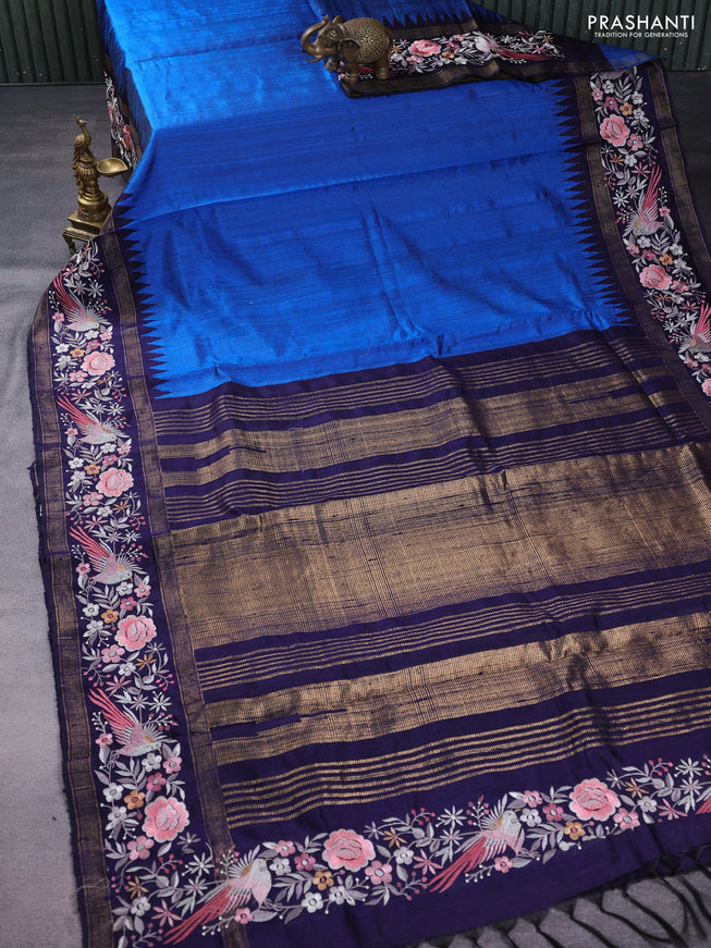 Pure dupion silk saree cs blue and dark blue with plain body and temple design parsi work border