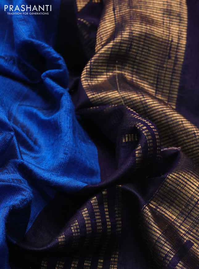 Pure dupion silk saree cs blue and dark blue with plain body and temple design parsi work border