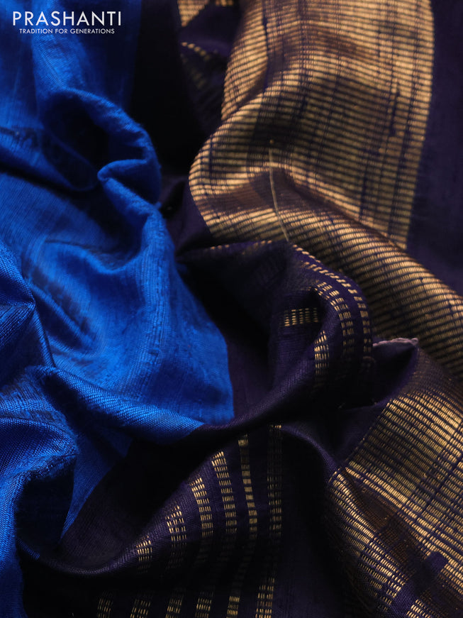 Pure dupion silk saree cs blue and dark blue with plain body and temple design parsi work border
