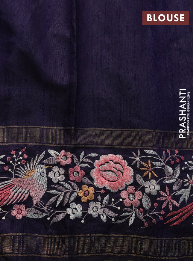 Pure dupion silk saree cs blue and dark blue with plain body and temple design parsi work border