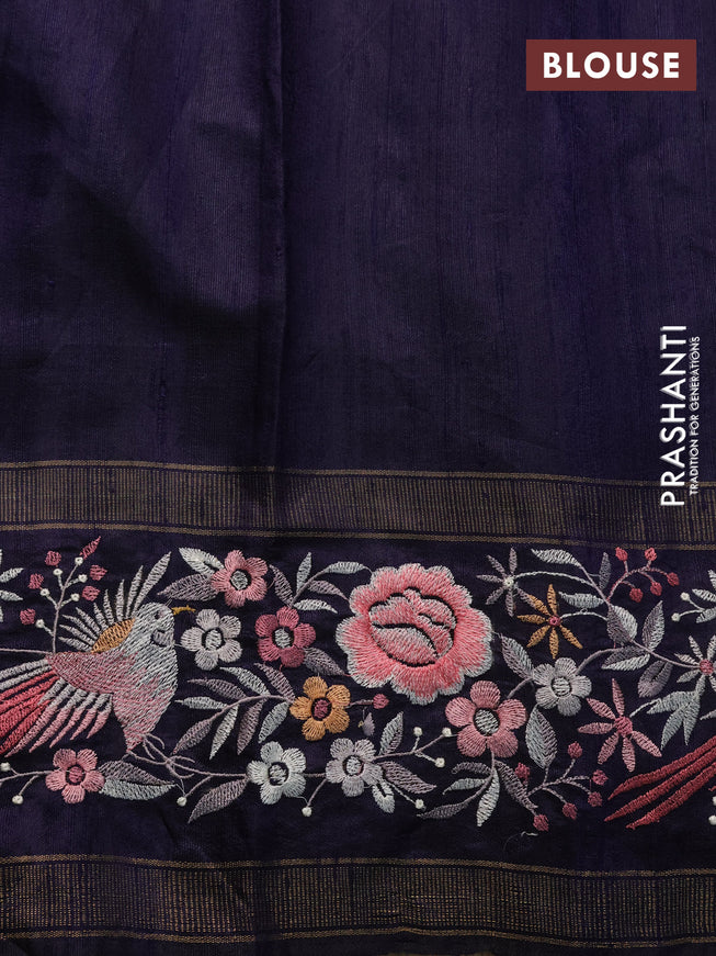 Pure dupion silk saree cs blue and dark blue with plain body and temple design parsi work border