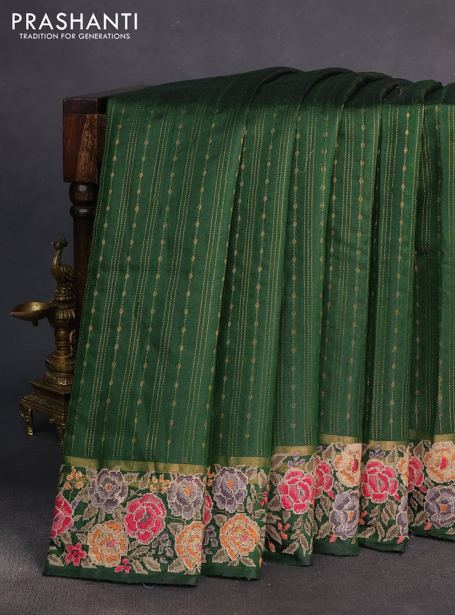 Pure dupion silk saree green with allover zari weaves and floral embrodery work border