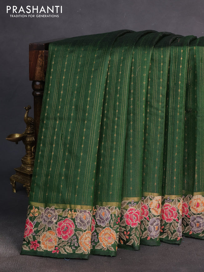 Pure dupion silk saree green with allover zari weaves and floral embrodery work border
