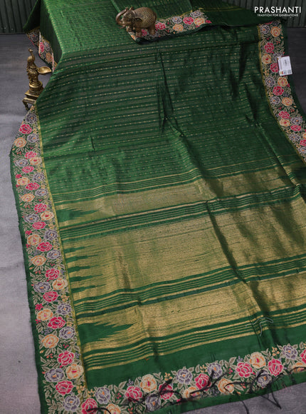 Pure dupion silk saree green with allover zari weaves and floral embrodery work border