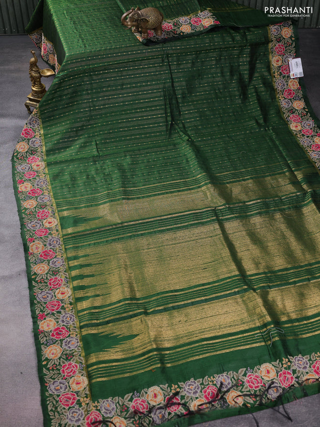 Pure dupion silk saree green with allover zari weaves and floral embrodery work border