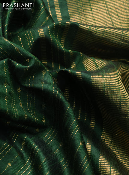 Pure dupion silk saree green with allover zari weaves and floral embrodery work border