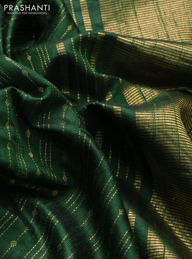 Pure dupion silk saree green with allover zari weaves and floral embrodery work border