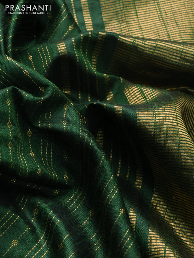 Pure dupion silk saree green with allover zari weaves and floral embrodery work border