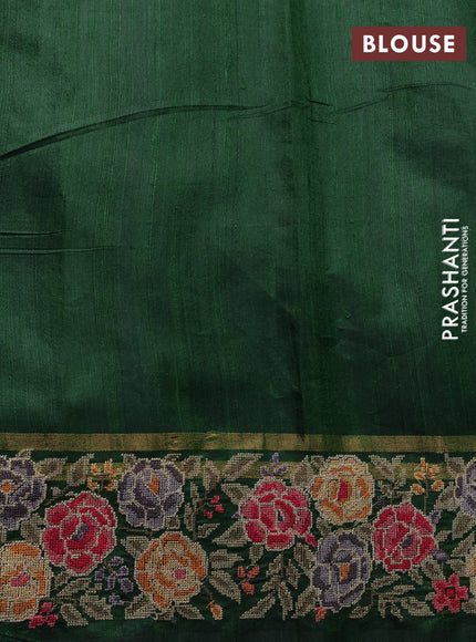Pure dupion silk saree green with allover zari weaves and floral embrodery work border