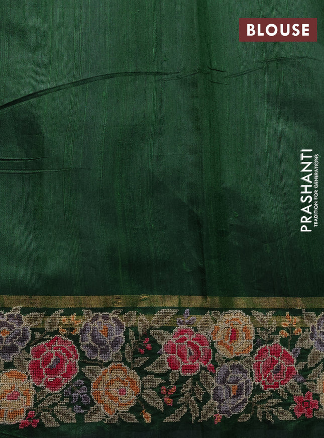 Pure dupion silk saree green with allover zari weaves and floral embrodery work border