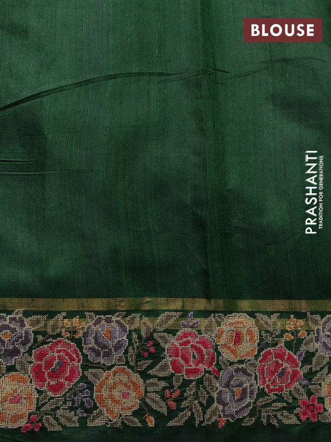 Pure dupion silk saree green with allover zari weaves and floral embrodery work border