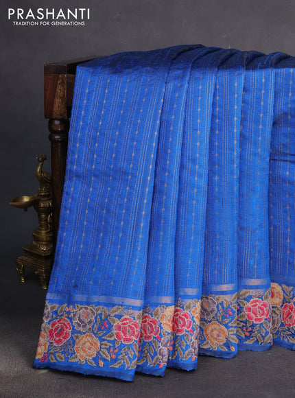 Pure dupion silk saree cs blue with allover zari weaves and floral embrodery work border