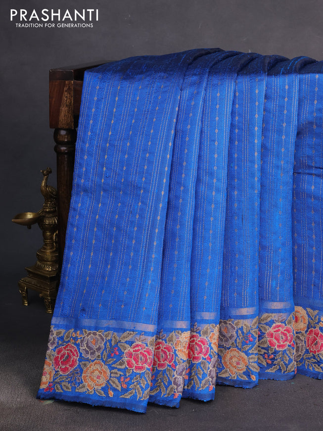 Pure dupion silk saree cs blue with allover zari weaves and floral embrodery work border