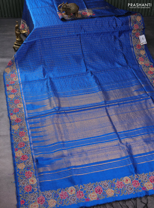Pure dupion silk saree cs blue with allover zari weaves and floral embrodery work border