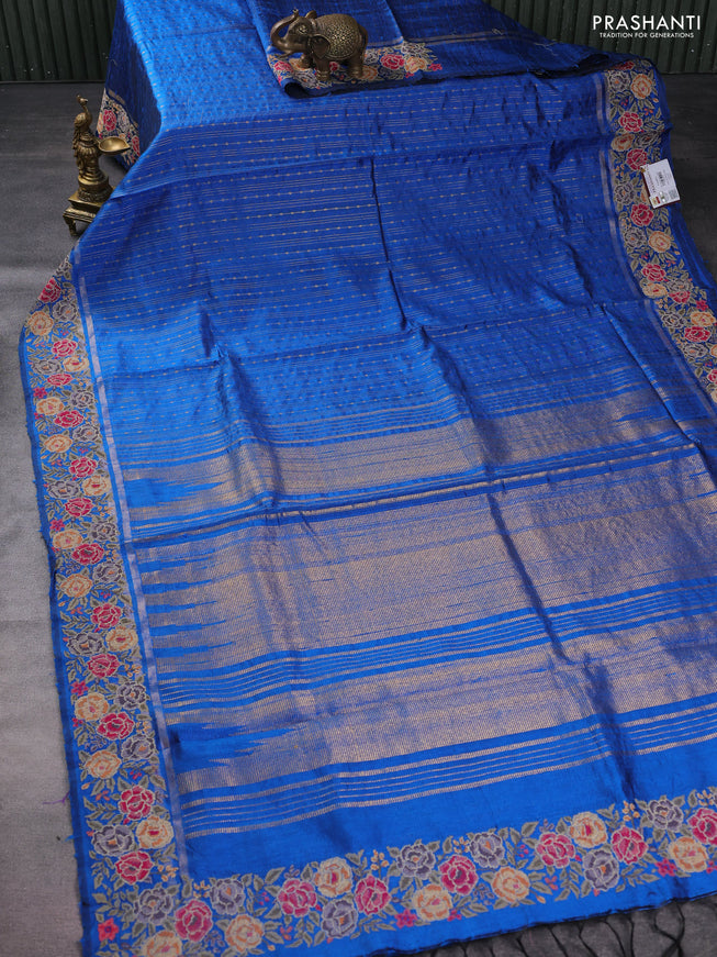 Pure dupion silk saree cs blue with allover zari weaves and floral embrodery work border