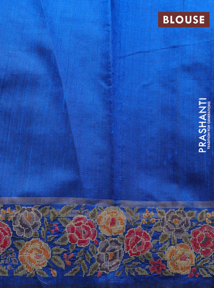 Pure dupion silk saree cs blue with allover zari weaves and floral embrodery work border