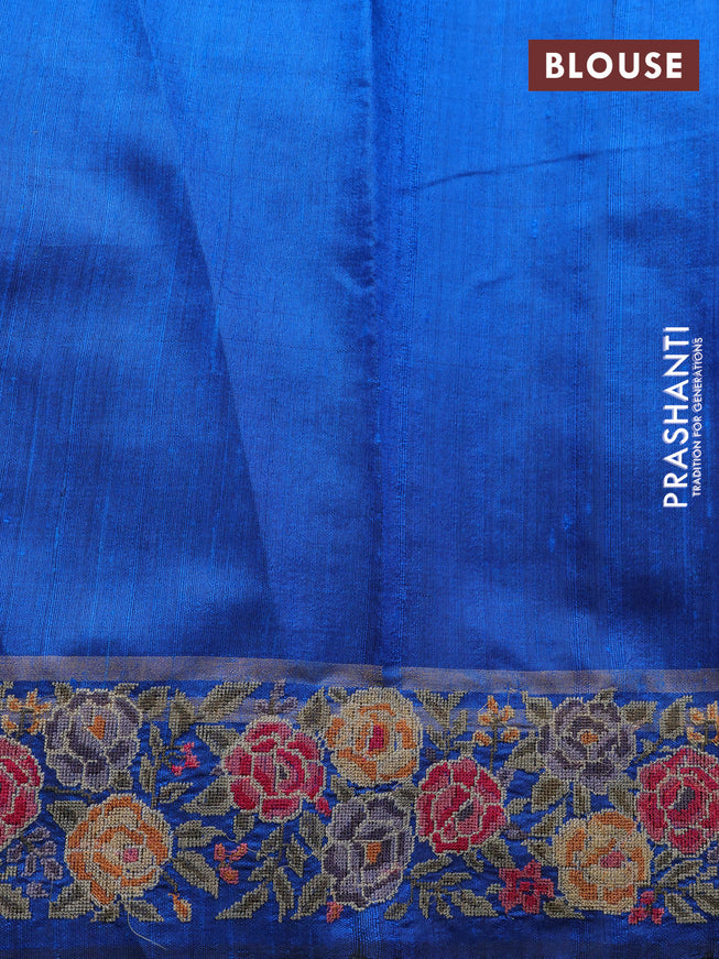 Pure dupion silk saree cs blue with allover zari weaves and floral embrodery work border
