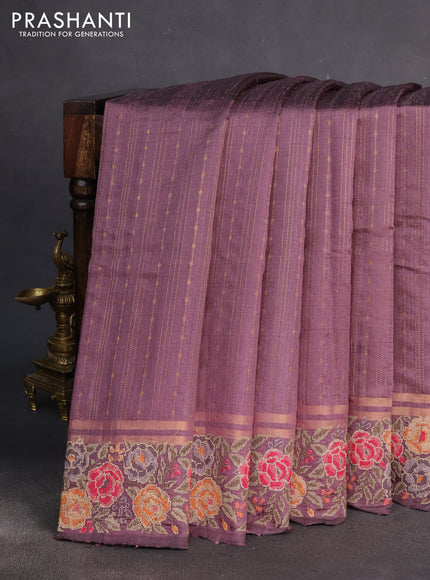 Pure dupion silk saree pastel pueple with allover zari weaves and floral embrodery work border