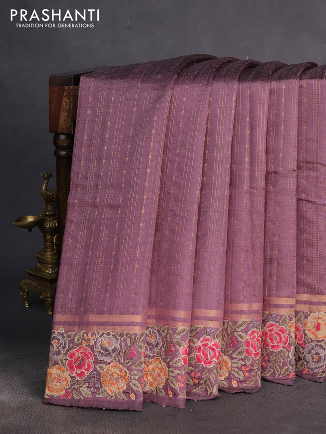 Pure dupion silk saree pastel pueple with allover zari weaves and floral embrodery work border