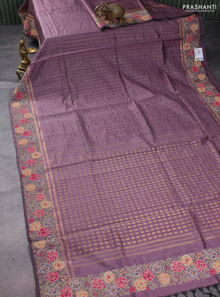 Pure dupion silk saree pastel pueple with allover zari weaves and floral embrodery work border