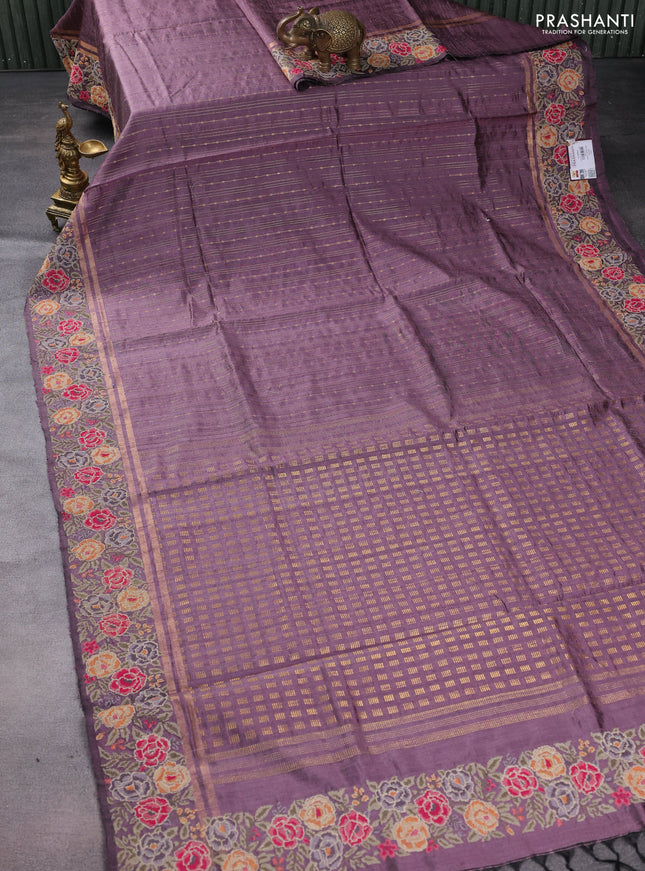 Pure dupion silk saree pastel pueple with allover zari weaves and floral embrodery work border