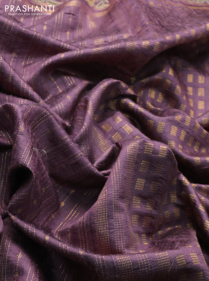 Pure dupion silk saree pastel pueple with allover zari weaves and floral embrodery work border