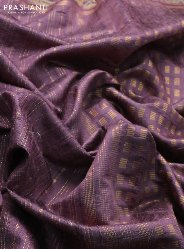 Pure dupion silk saree pastel pueple with allover zari weaves and floral embrodery work border