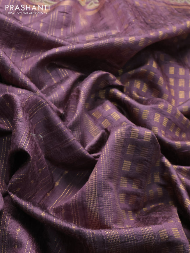 Pure dupion silk saree pastel pueple with allover zari weaves and floral embrodery work border