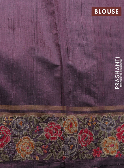 Pure dupion silk saree pastel pueple with allover zari weaves and floral embrodery work border