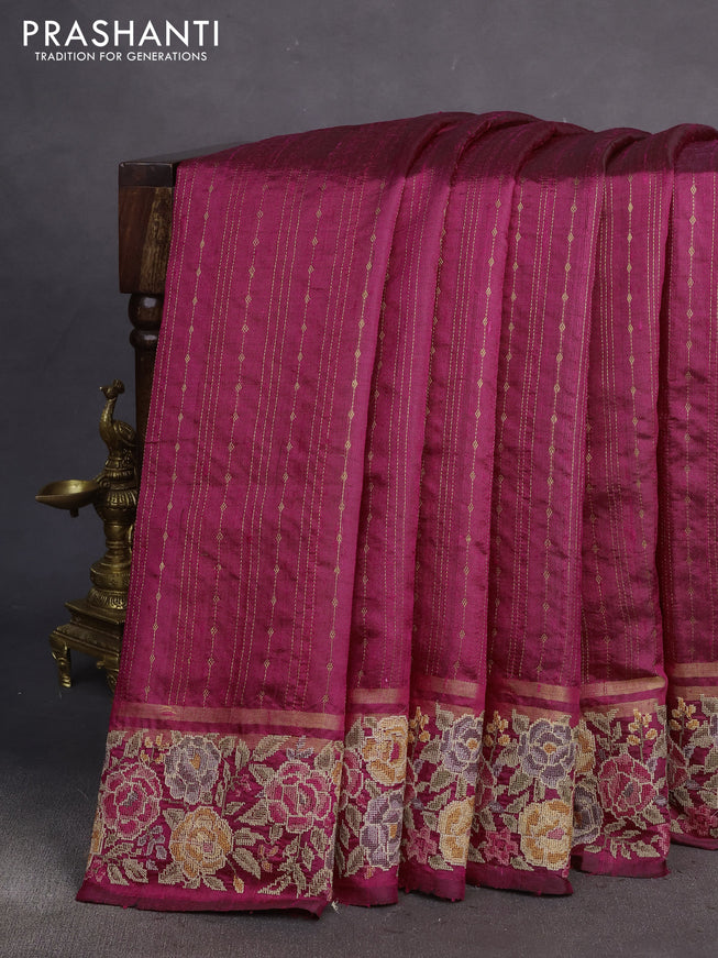 Pure dupion silk saree pink with allover zari weaves and floral embrodery work border
