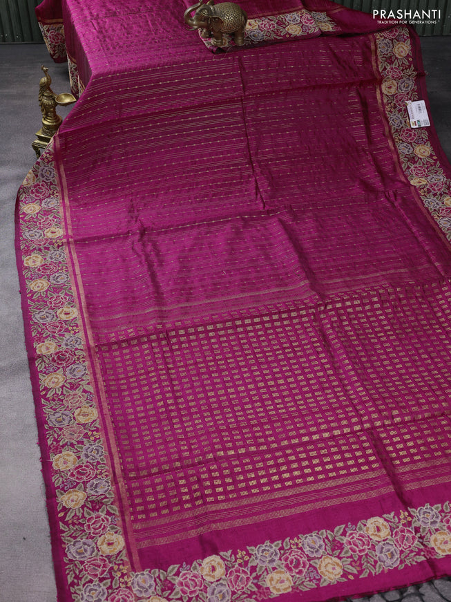 Pure dupion silk saree pink with allover zari weaves and floral embrodery work border