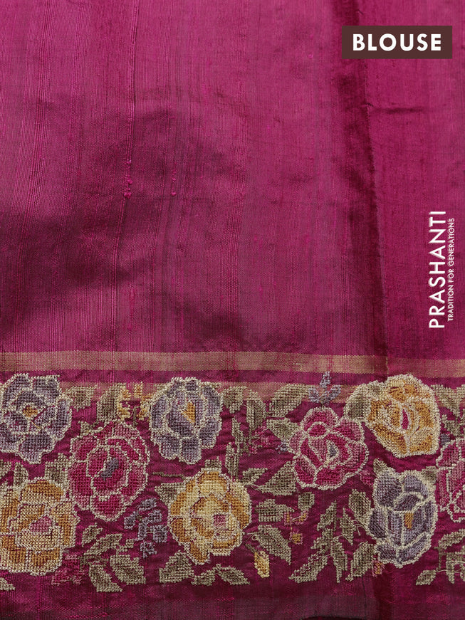 Pure dupion silk saree pink with allover zari weaves and floral embrodery work border