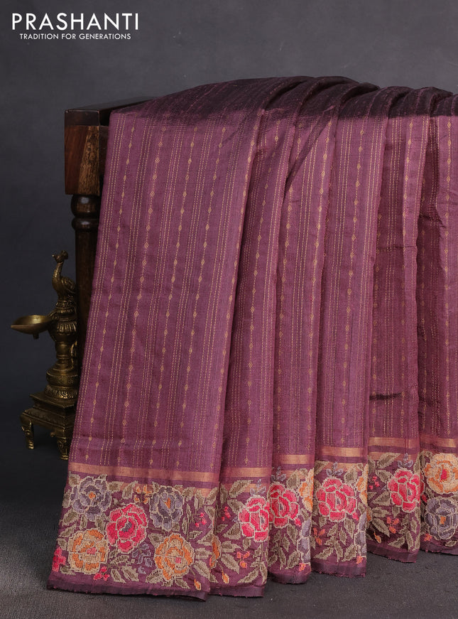 Pure dupion silk saree pastel purple with allover zari weaves and floral embrodery work border