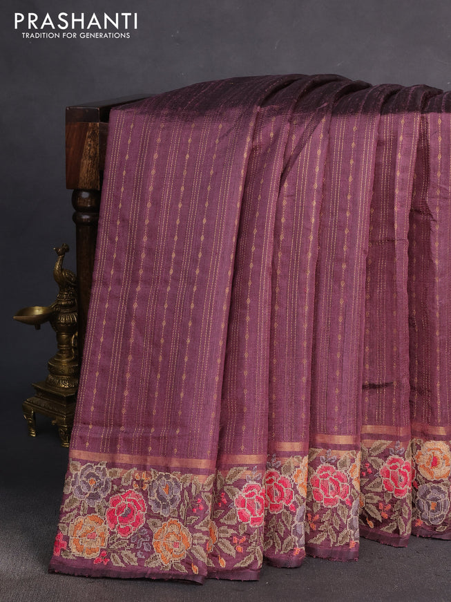 Pure dupion silk saree pastel purple with allover zari weaves and floral embrodery work border