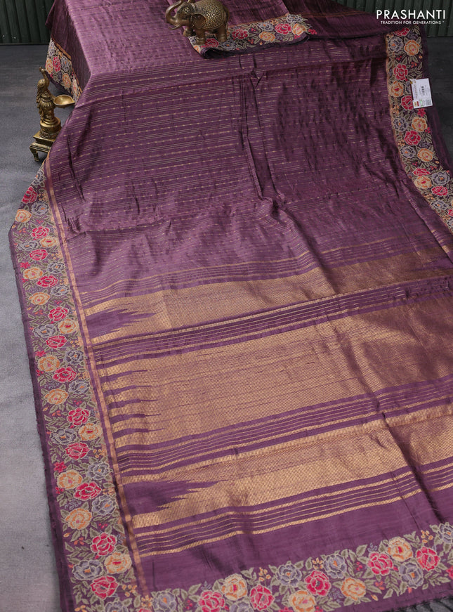 Pure dupion silk saree pastel purple with allover zari weaves and floral embrodery work border