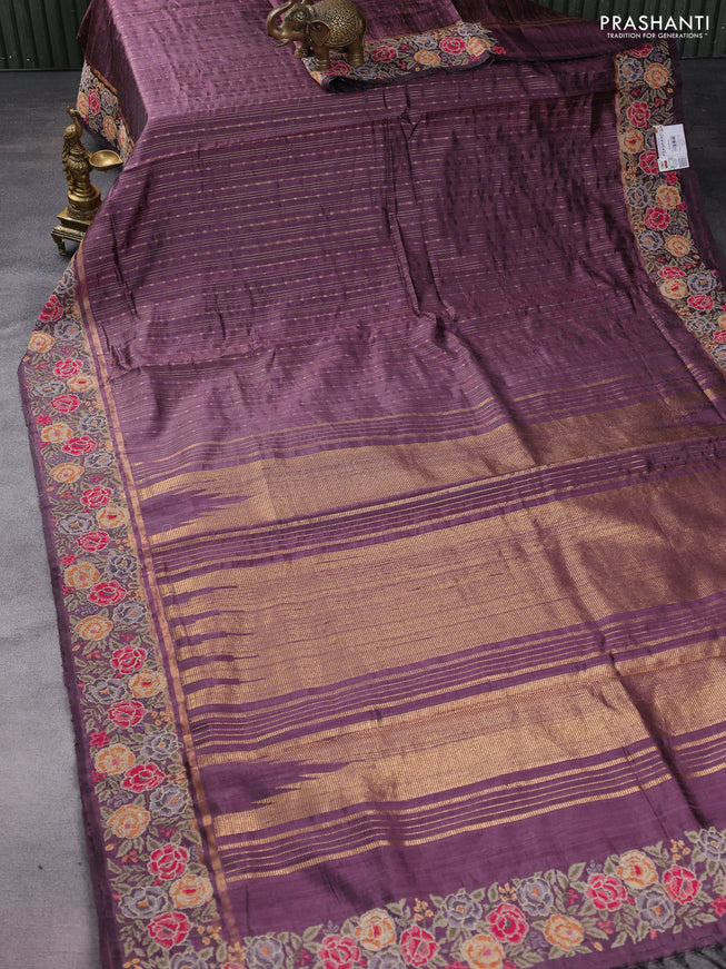 Pure dupion silk saree pastel purple with allover zari weaves and floral embrodery work border