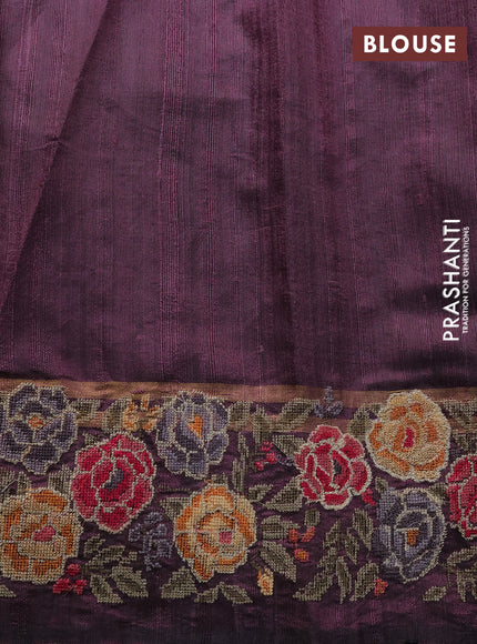 Pure dupion silk saree pastel purple with allover zari weaves and floral embrodery work border
