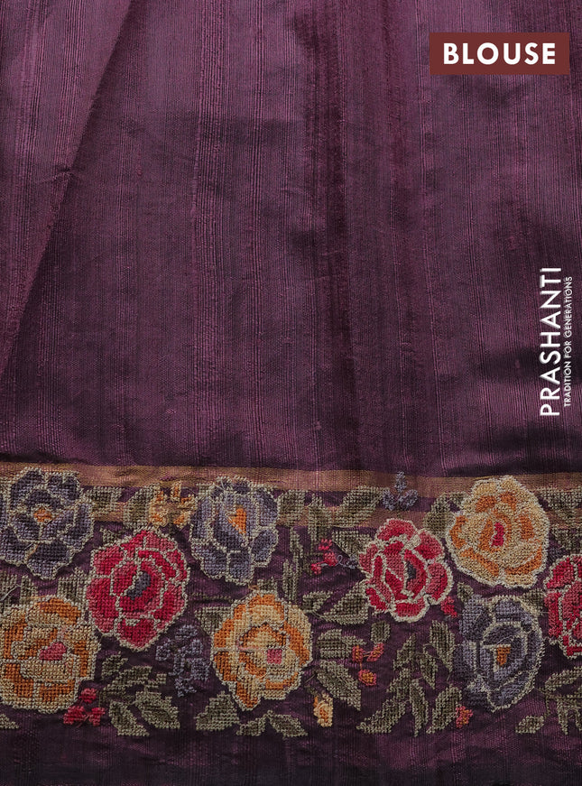Pure dupion silk saree pastel purple with allover zari weaves and floral embrodery work border