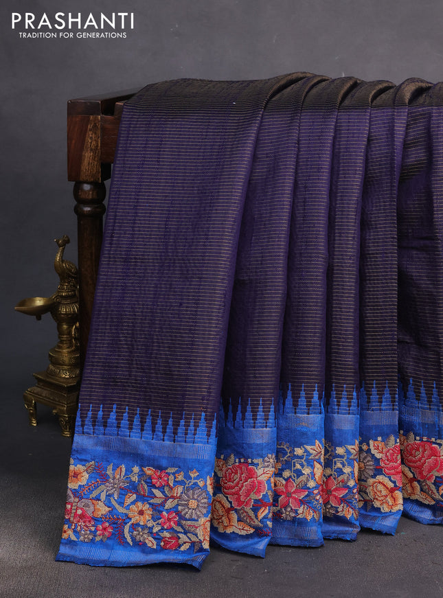 Pure dupion silk saree navy blue and cs blue with allover zari stripe pattern and temple zari woven floral embroidery work border