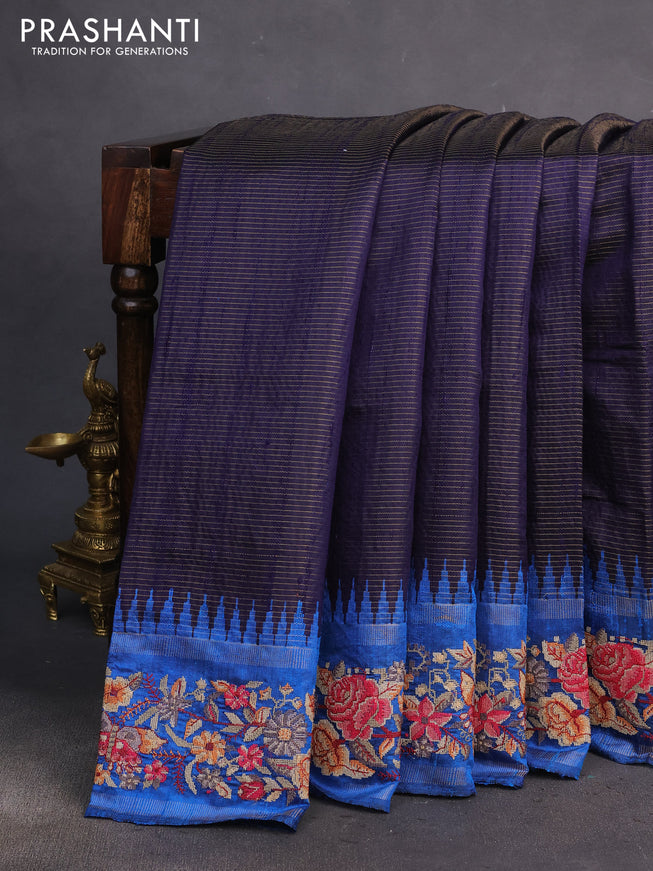 Pure dupion silk saree navy blue and cs blue with allover zari stripe pattern and temple zari woven floral embroidery work border
