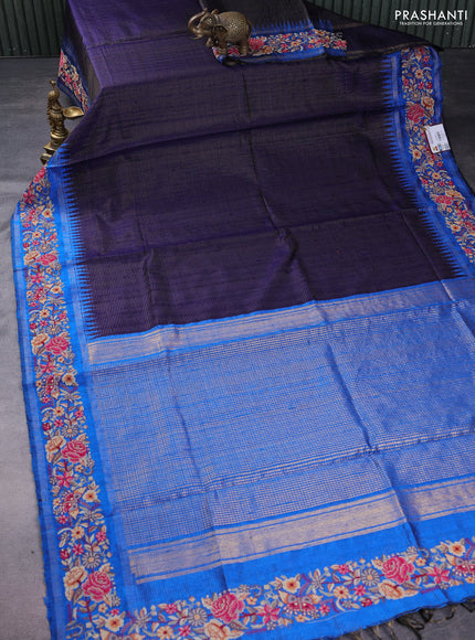 Pure dupion silk saree navy blue and cs blue with allover zari stripe pattern and temple zari woven floral embroidery work border