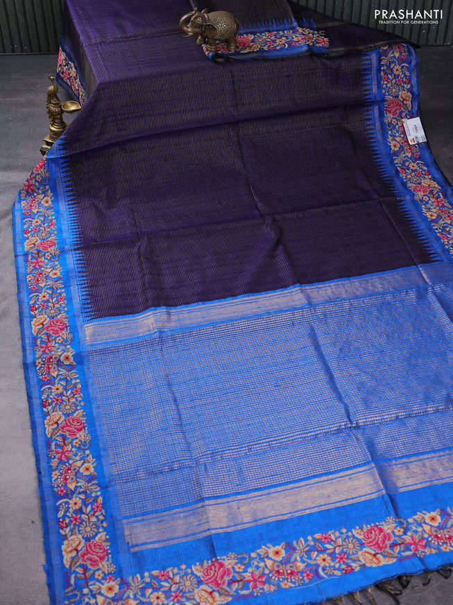 Pure dupion silk saree navy blue and cs blue with allover zari stripe pattern and temple zari woven floral embroidery work border