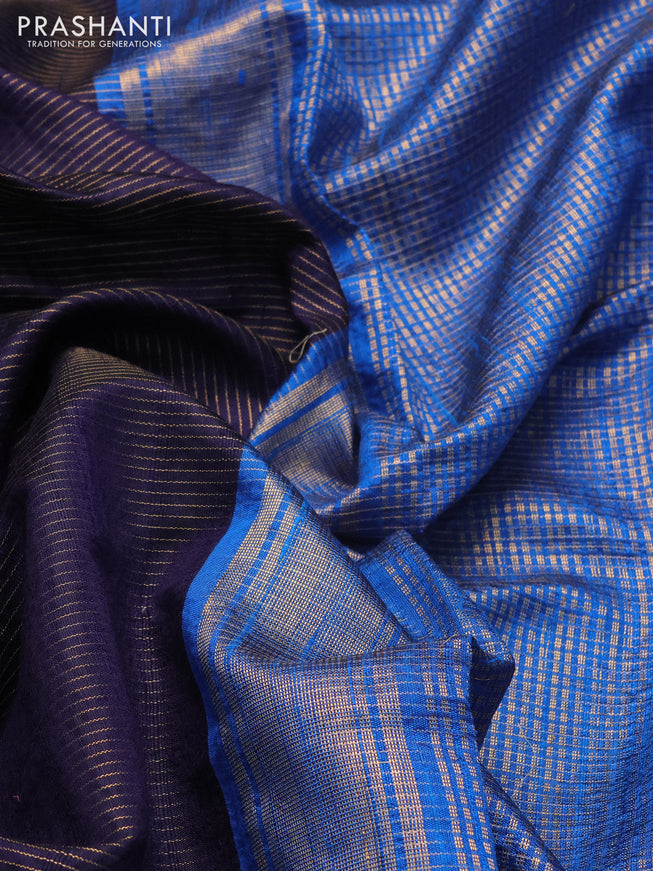 Pure dupion silk saree navy blue and cs blue with allover zari stripe pattern and temple zari woven floral embroidery work border