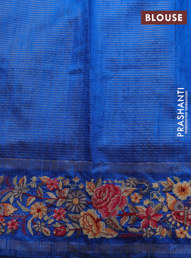 Pure dupion silk saree navy blue and cs blue with allover zari stripe pattern and temple zari woven floral embroidery work border
