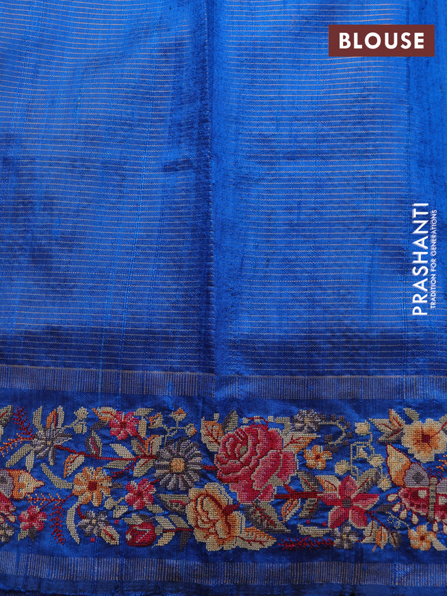Pure dupion silk saree navy blue and cs blue with allover zari stripe pattern and temple zari woven floral embroidery work border